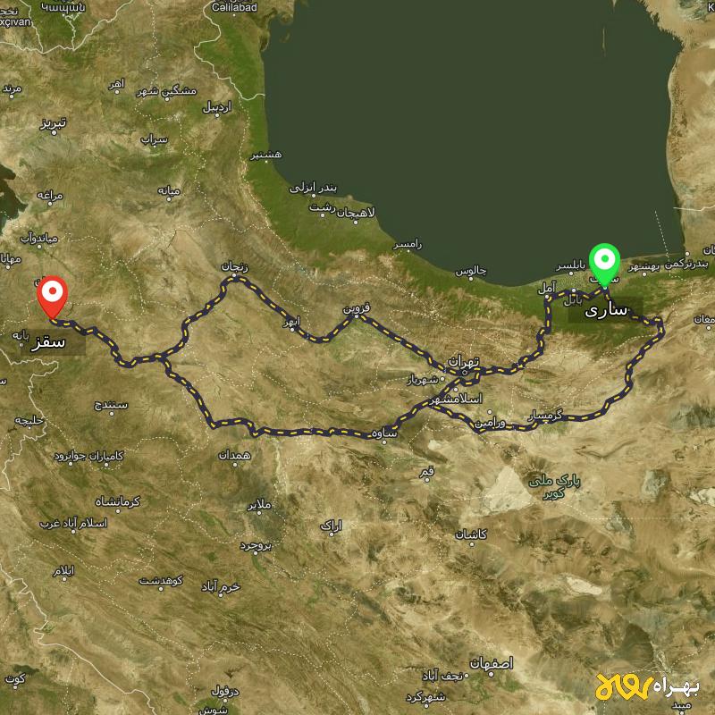 مسافت و فاصله سقز - کردستان تا ساری از ۳ مسیر - مرداد ۱۴۰۳