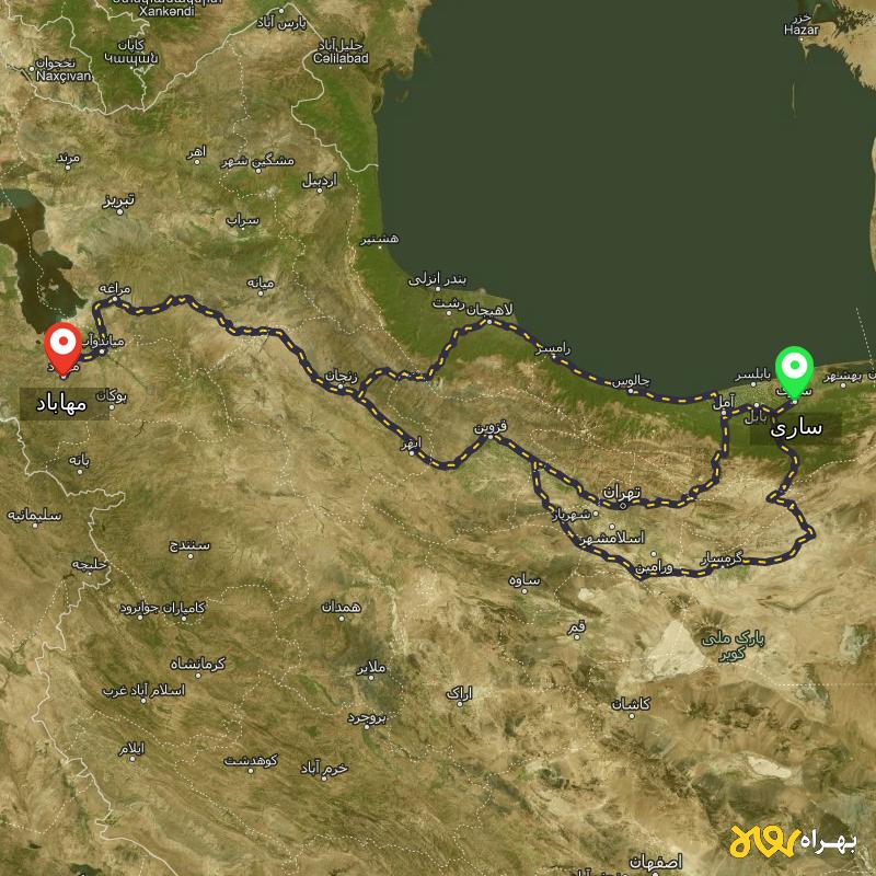 مسافت و فاصله مهاباد - آذربایجان غربی تا ساری از ۳ مسیر - اردیبهشت ۱۴۰۳
