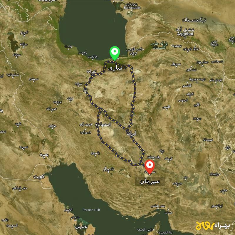 مسافت و فاصله سیرجان تا ساری از ۳ مسیر - آذر ۱۴۰۳