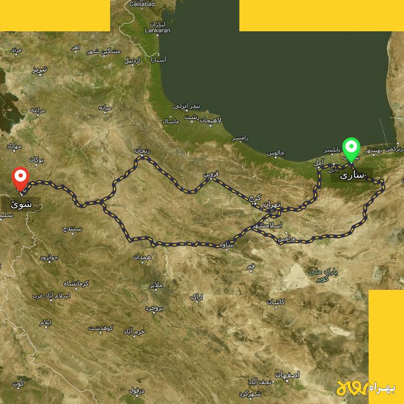 مسافت و فاصله شوێ - کردستان تا ساری از ۳ مسیر - شهریور ۱۴۰۳