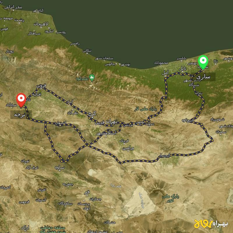 مسافت و فاصله نرجه - قزوین تا ساری از ۳ مسیر - اردیبهشت ۱۴۰۳