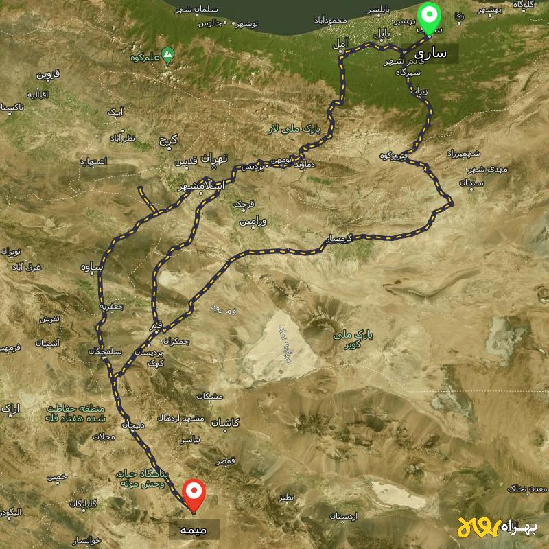 مسافت و فاصله میمه - اصفهان تا ساری از ۳ مسیر - آذر ۱۴۰۳