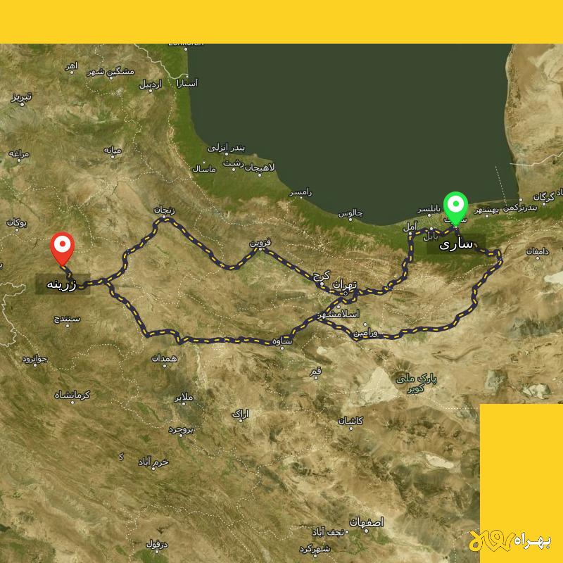 مسافت و فاصله زرینه - کردستان تا ساری از ۳ مسیر - شهریور ۱۴۰۳