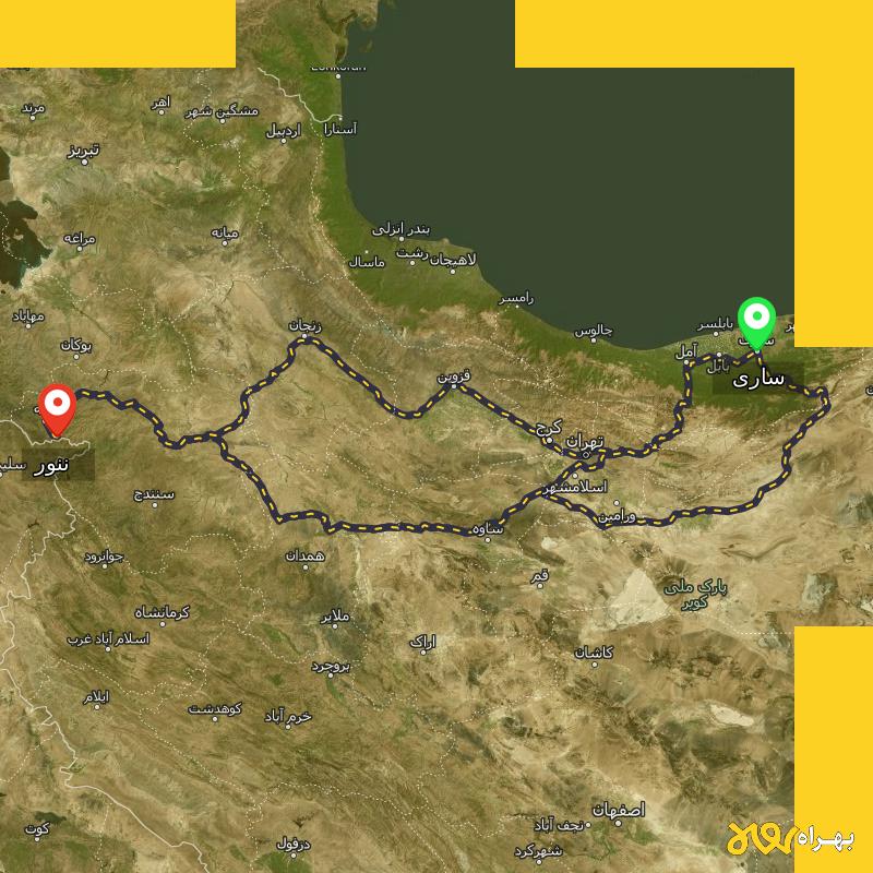 مسافت و فاصله ننور - کردستان تا ساری از ۳ مسیر - شهریور ۱۴۰۳