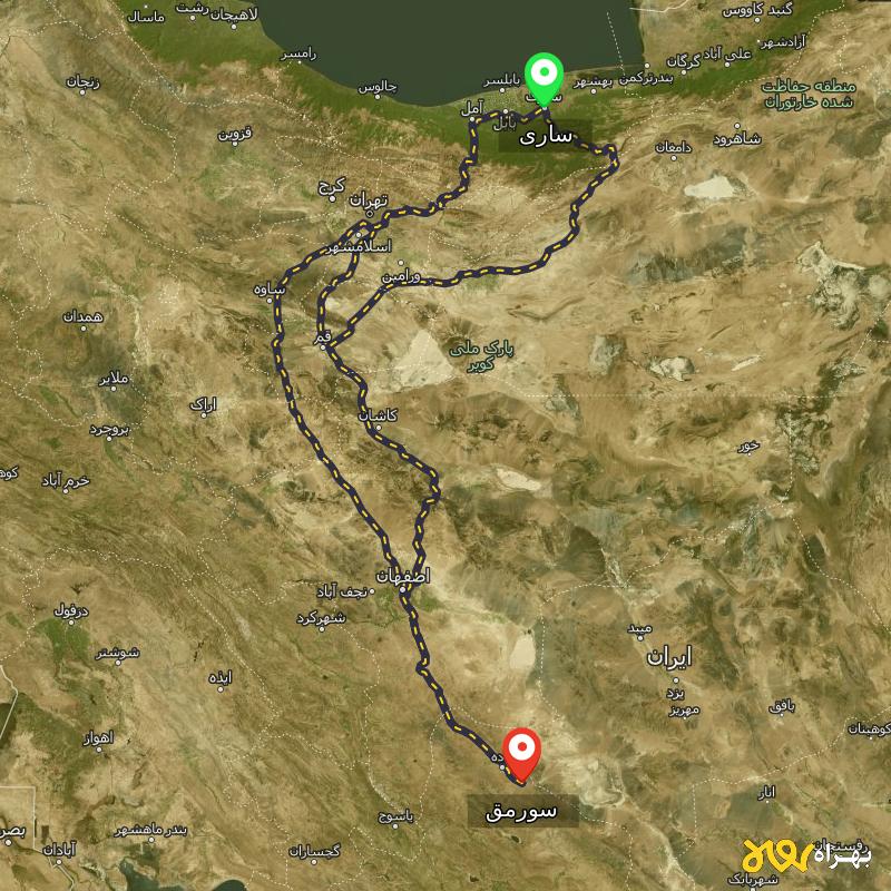 مسافت و فاصله سورمق - فارس تا ساری از ۳ مسیر - مرداد ۱۴۰۳