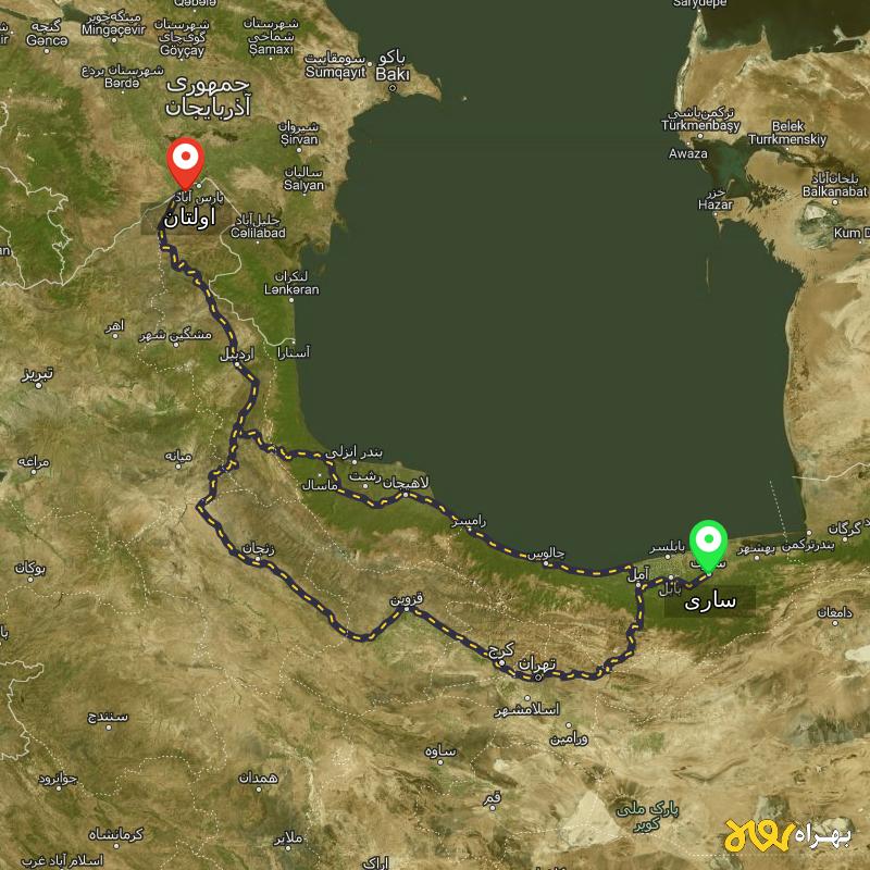 مسافت و فاصله اولتان - اردبیل تا ساری از ۲ مسیر - شهریور ۱۴۰۳