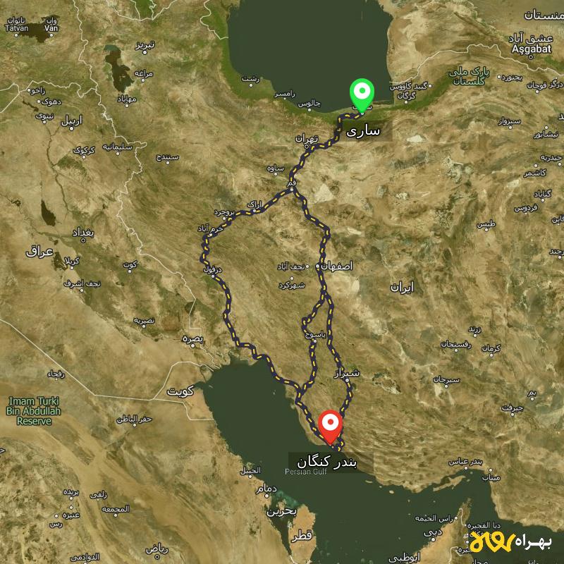 مسافت و فاصله بندر کنگان - بوشهر تا ساری از ۳ مسیر - بهمن ۱۴۰۳