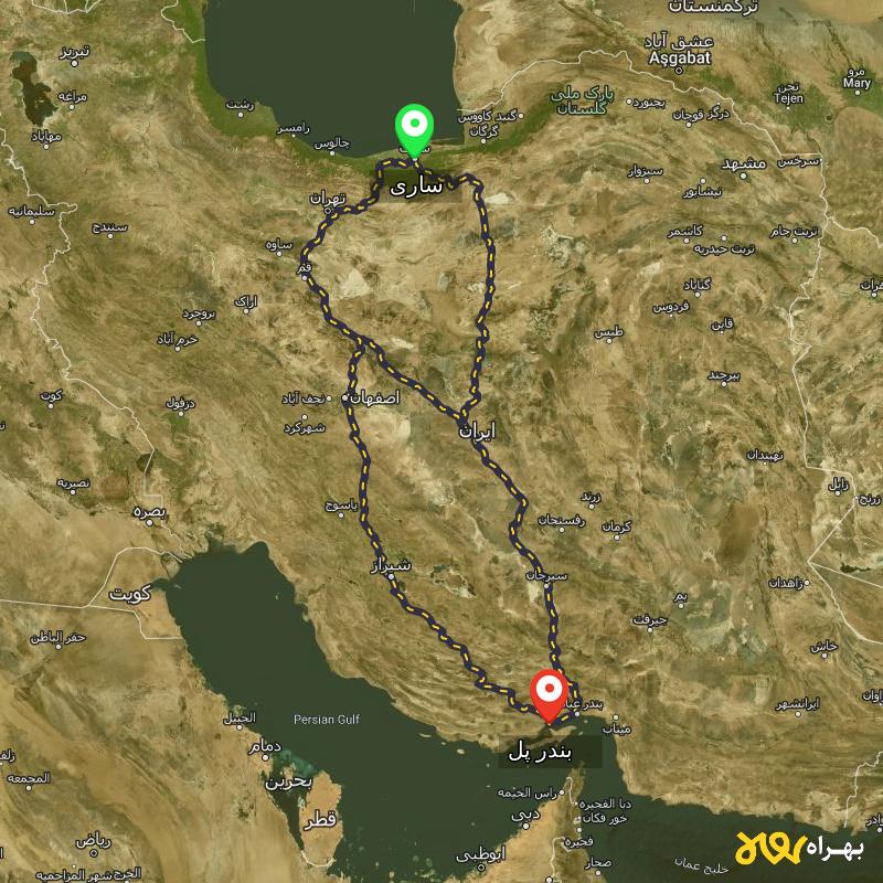 مسافت و فاصله بندر پل - هرمزگان تا ساری از ۳ مسیر - آبان ۱۴۰۳