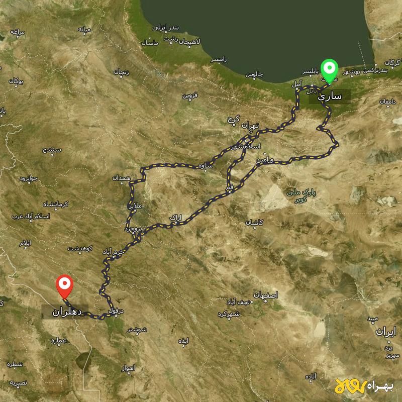 مسافت و فاصله دهلران - ایلام تا ساری از ۳ مسیر - آذر ۱۴۰۳