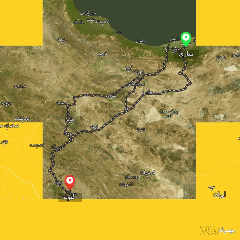 مسافت و فاصله گتوند - خوزستان تا ساری از ۳ مسیر - شهریور ۱۴۰۳