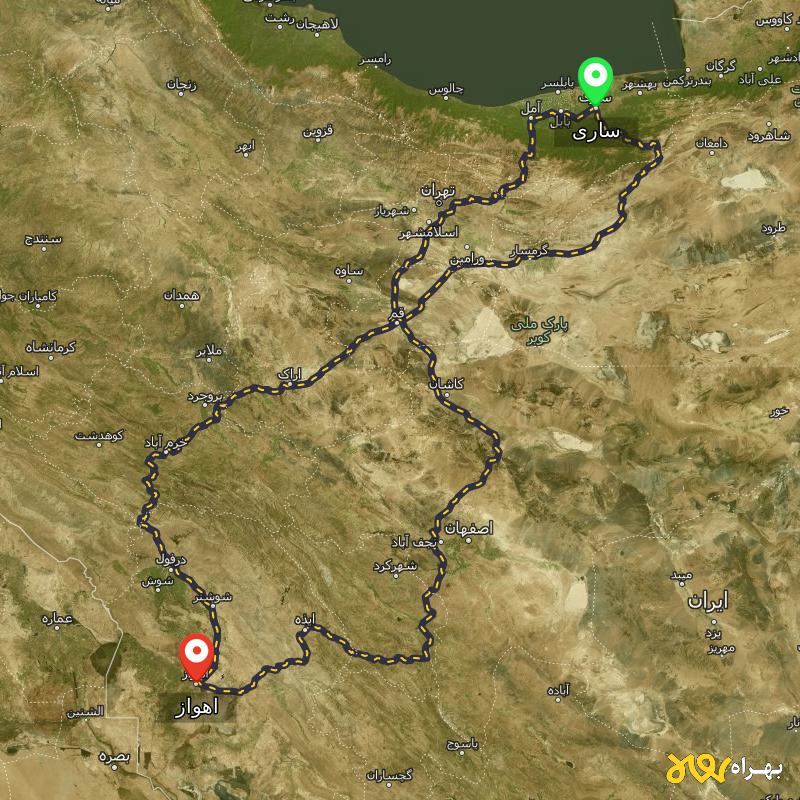 مسافت و فاصله اهواز تا ساری از ۳ مسیر - اردیبهشت ۱۴۰۳