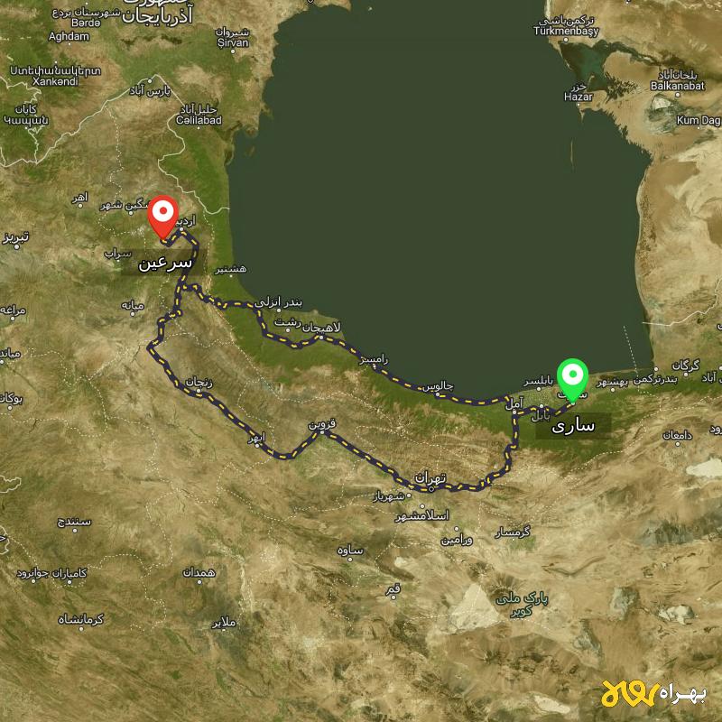 مسافت و فاصله سرعین - اردبیل تا ساری از ۲ مسیر - مرداد ۱۴۰۳