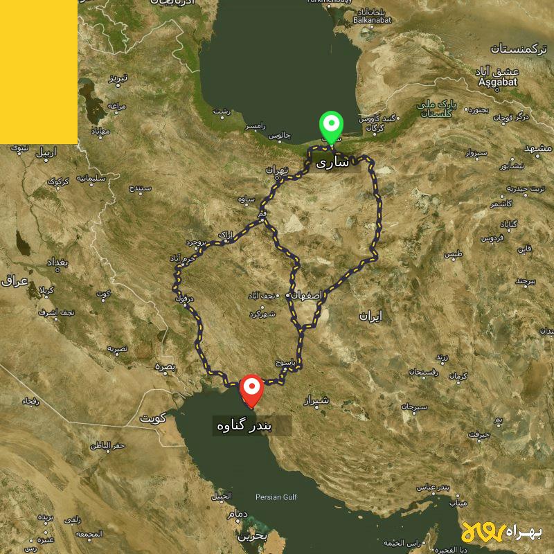 مسافت و فاصله بندر گناوه - بوشهر تا ساری از ۳ مسیر - اردیبهشت ۱۴۰۳