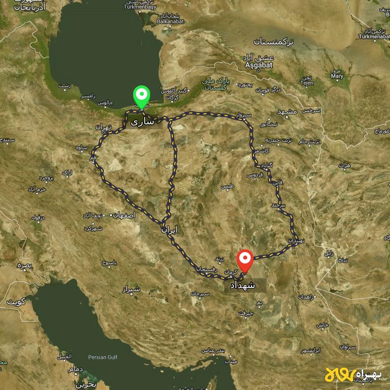 مسافت و فاصله شهداد - کرمان تا ساری از ۳ مسیر - دی ۱۴۰۳
