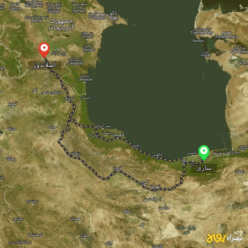 مسافت و فاصله اصلاندوز - اردبیل تا ساری از ۲ مسیر - بهمن ۱۴۰۳