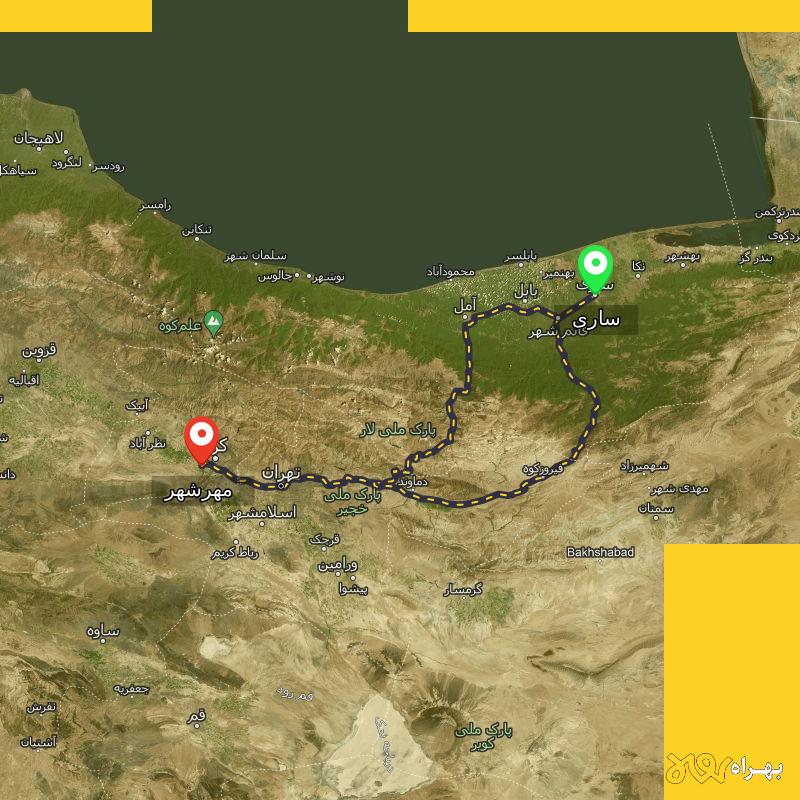 مسافت و فاصله مهرشهر - کرج تا ساری از ۲ مسیر - اردیبهشت ۱۴۰۳