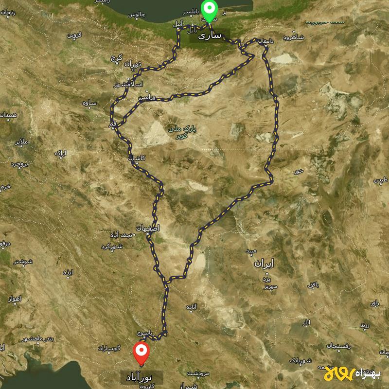 مسافت و فاصله نورآباد - نورآباد ممسنی تا ساری از ۳ مسیر - آذر ۱۴۰۳