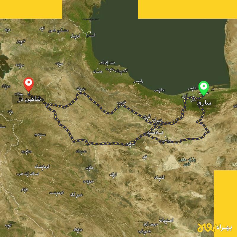 مسافت و فاصله شاهین دژ - آذربایجان غربی تا ساری از ۳ مسیر - دی ۱۴۰۳