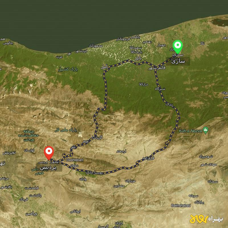 مسافت و فاصله پردیس - تهران تا ساری از ۲ مسیر - مهر ۱۴۰۳
