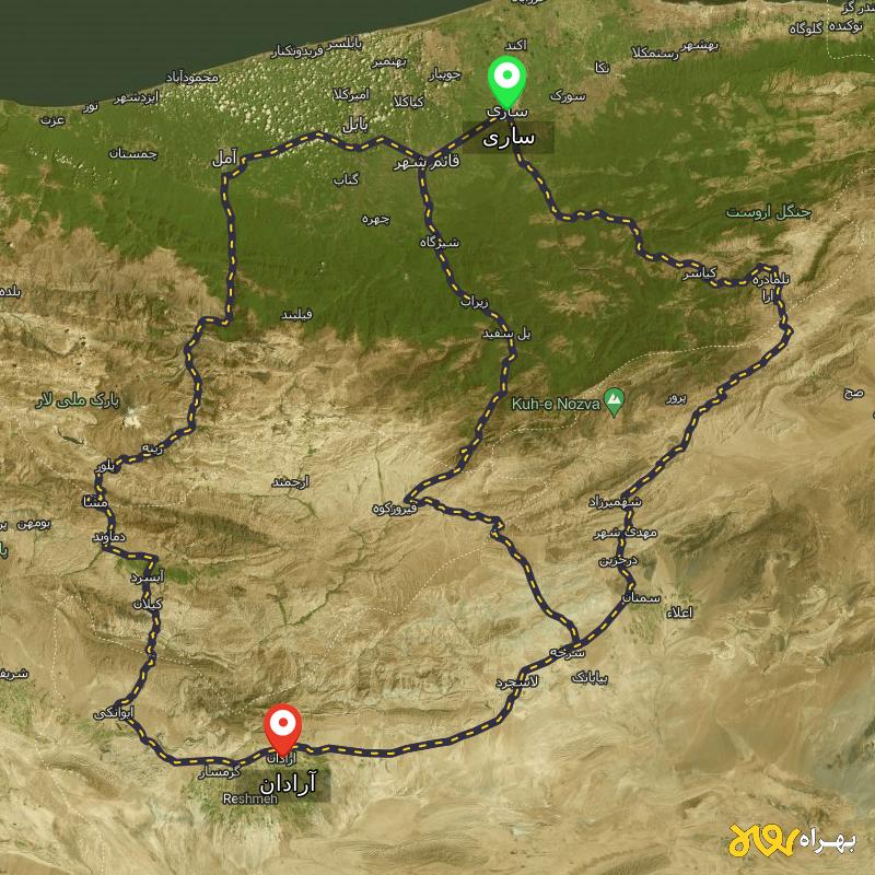 مسافت و فاصله آرادان - سمنان تا ساری از ۳ مسیر - دی ۱۴۰۳