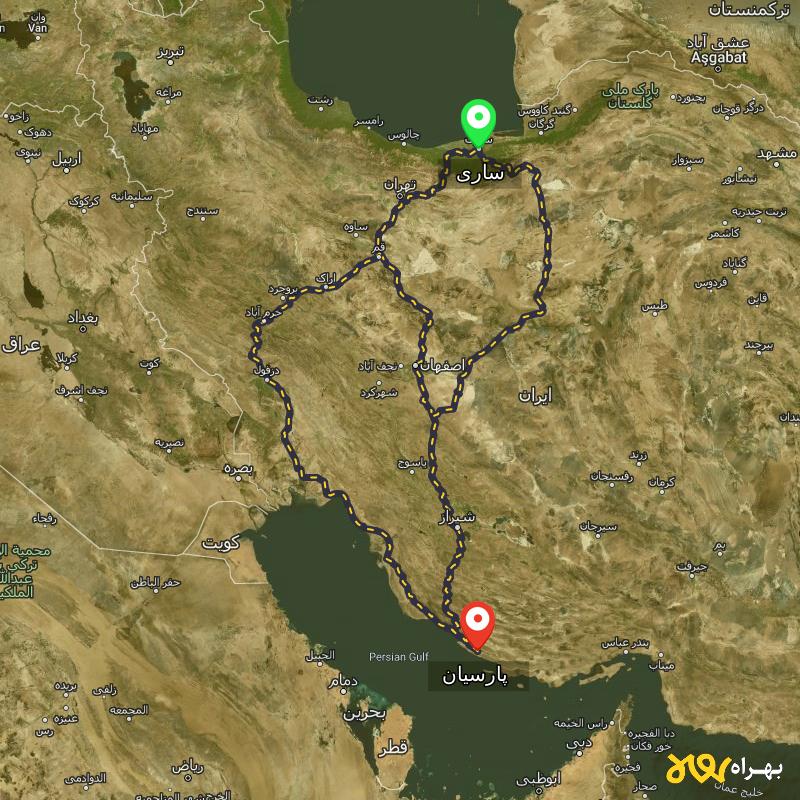 مسافت و فاصله پارسیان - هرمزگان تا ساری از ۳ مسیر - آبان ۱۴۰۳