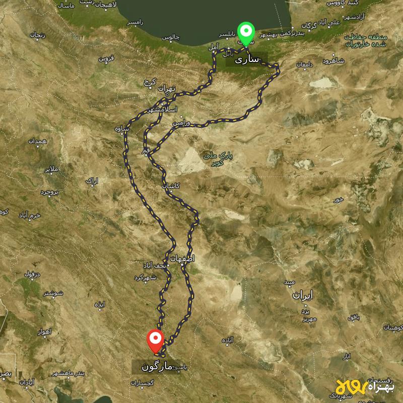 مسافت و فاصله مارگون - کهگیلویه و بویر احمد تا ساری از ۳ مسیر - آذر ۱۴۰۳