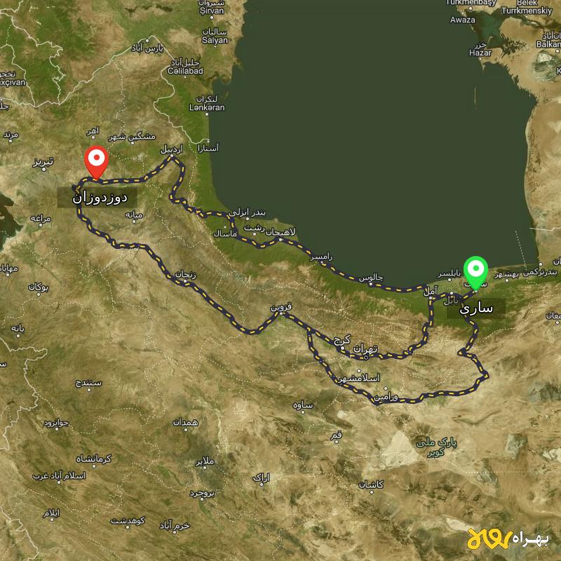 مسافت و فاصله دوزدوزان - آذربایجان شرقی تا ساری از ۳ مسیر - مهر ۱۴۰۳
