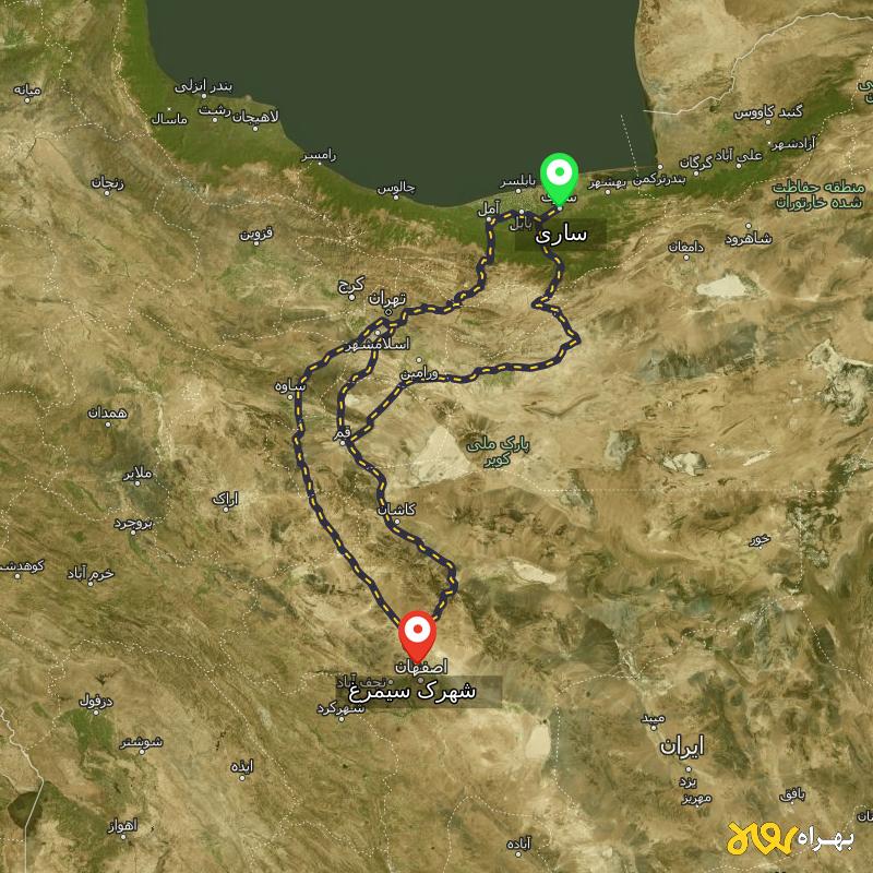 مسافت و فاصله شهرک سیمرغ - اصفهان تا ساری از ۳ مسیر - مرداد ۱۴۰۳