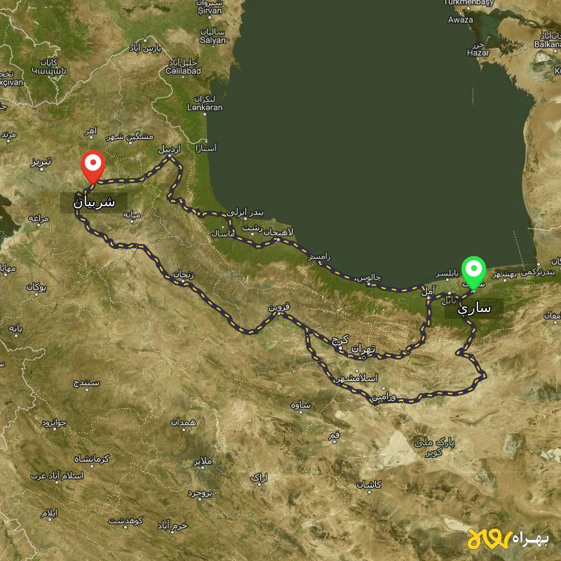 مسافت و فاصله شربیان - آذربایجان شرقی تا ساری از ۳ مسیر - مرداد ۱۴۰۳