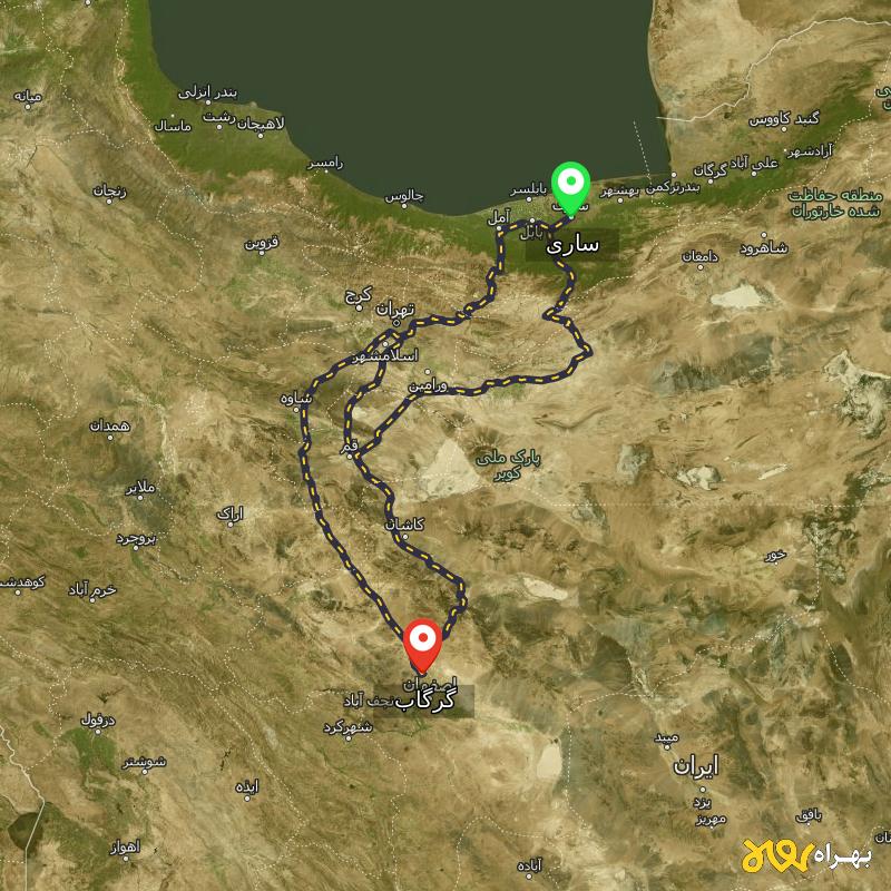 مسافت و فاصله گرگاب - شاهین شهر تا ساری از ۳ مسیر - مرداد ۱۴۰۳