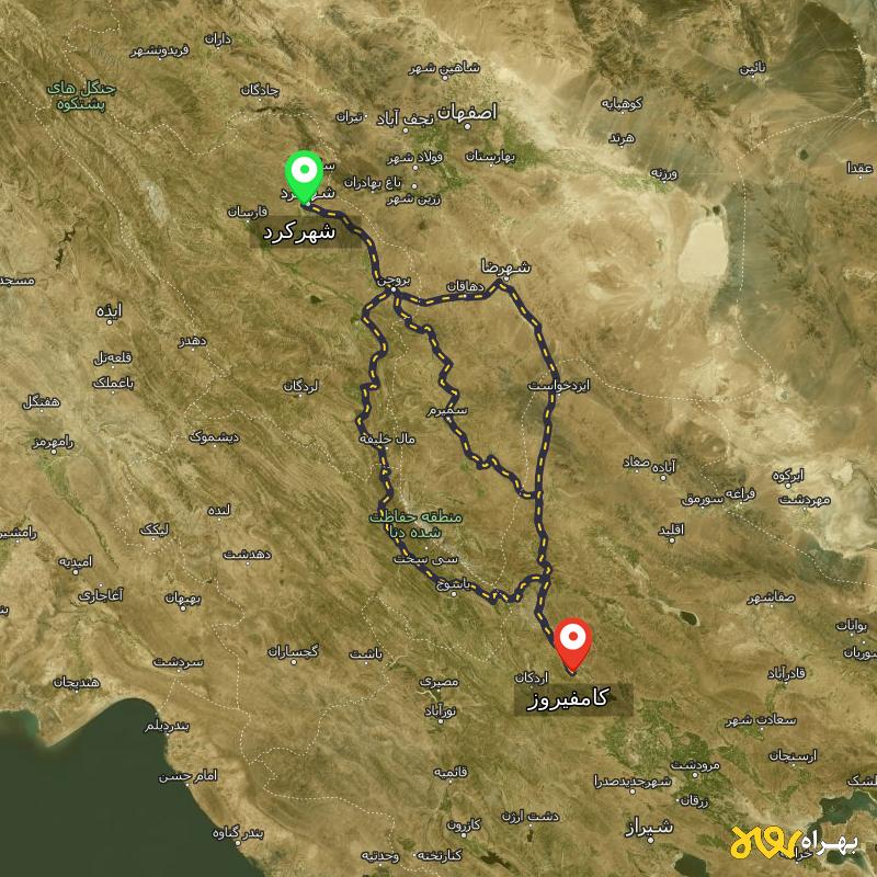 مسافت و فاصله کامفیروز - فارس تا شهرکرد از ۳ مسیر - مرداد ۱۴۰۳