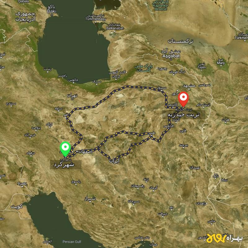 مسافت و فاصله تربت حیدریه - خراسان رضوی تا شهرکرد از ۳ مسیر - آذر ۱۴۰۳