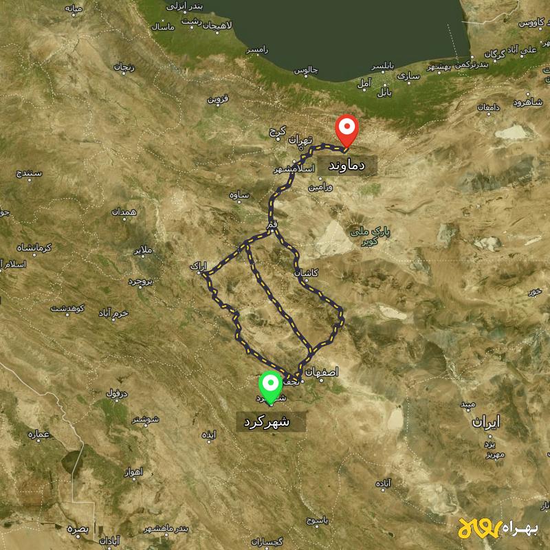 مسافت و فاصله دماوند - تهران تا شهرکرد از ۳ مسیر - بهمن ۱۴۰۳