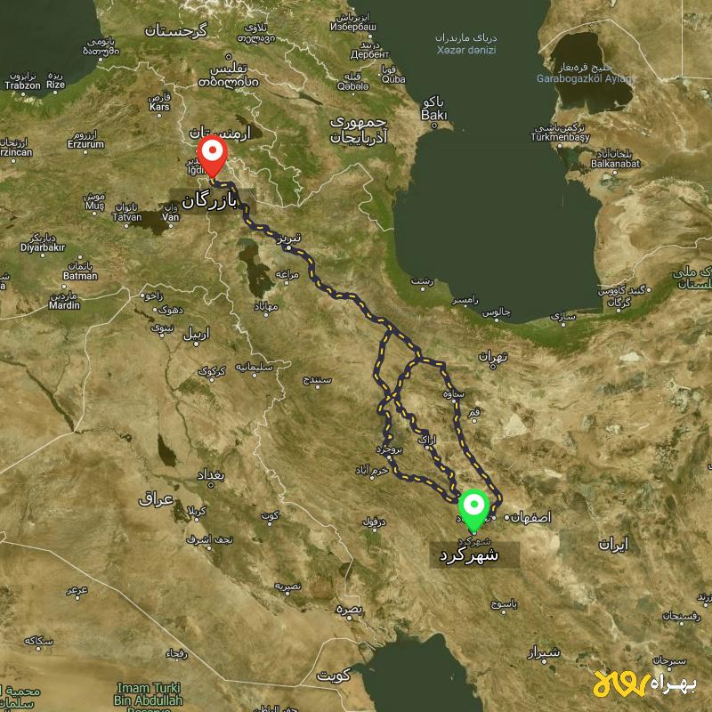مسافت و فاصله بازرگان - آذربایجان غربی تا شهرکرد از ۳ مسیر - آذر ۱۴۰۳