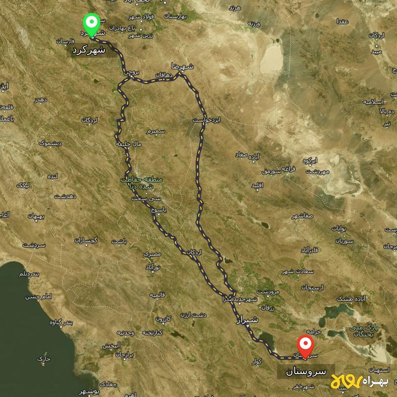 مسافت و فاصله سروستان - فارس تا شهرکرد از ۲ مسیر - آبان ۱۴۰۳