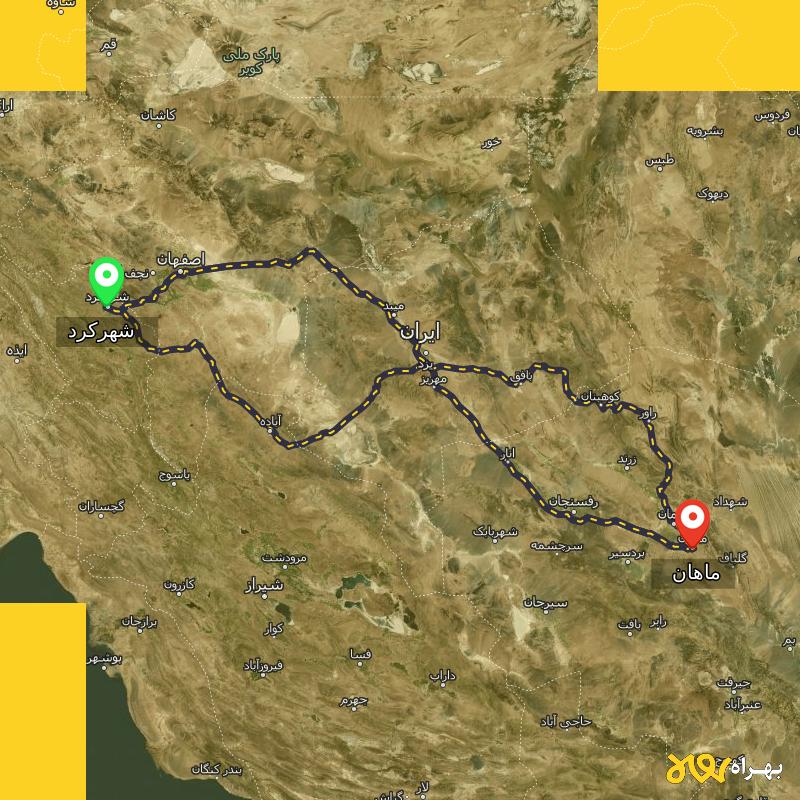 مسافت و فاصله ماهان - کرمان تا شهرکرد از ۳ مسیر - آذر ۱۴۰۳