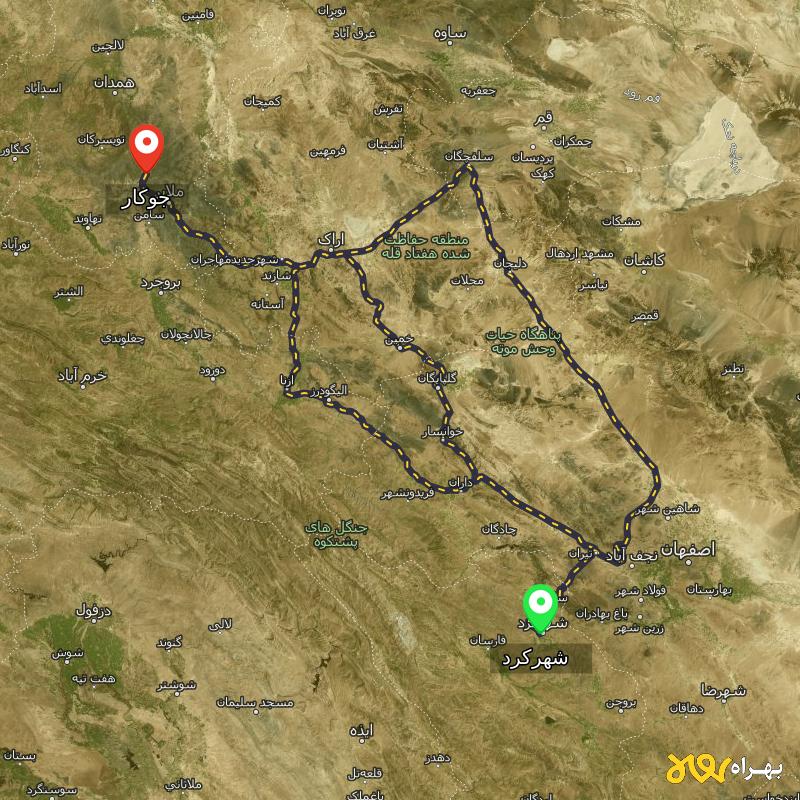 مسافت و فاصله جوکار - همدان تا شهرکرد از ۳ مسیر - شهریور ۱۴۰۳
