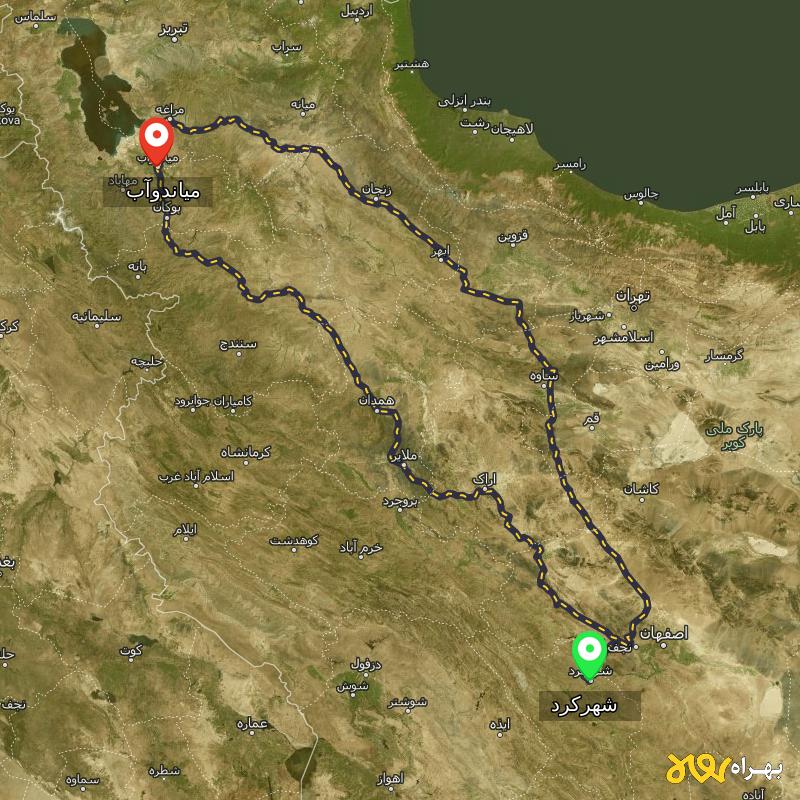 مسافت و فاصله میاندوآب - آذربایجان غربی تا شهرکرد از 2 مسیر - مسیریاب بهراه
