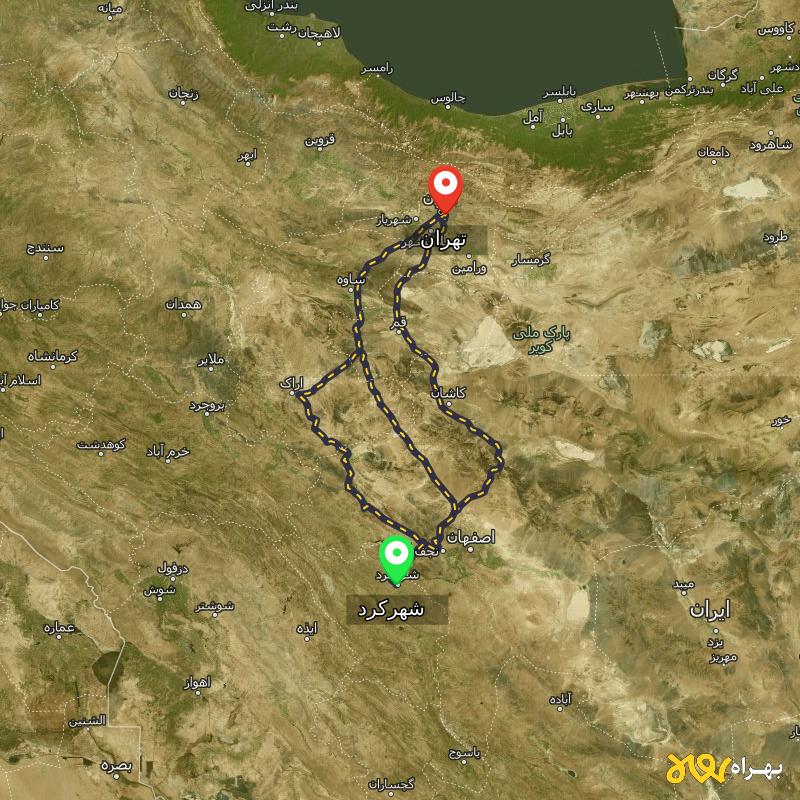 مسافت و فاصله تهران تا شهرکرد از 3 مسیر - مسیریاب بهراه