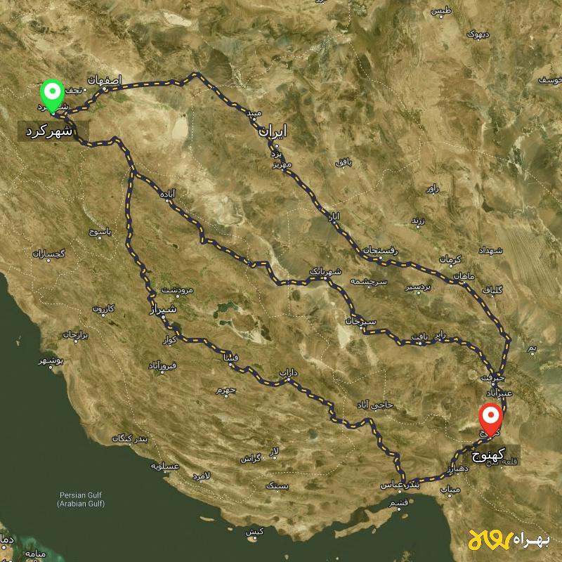 مسافت و فاصله کهنوج - کرمان تا شهرکرد از ۳ مسیر - بهمن ۱۴۰۳