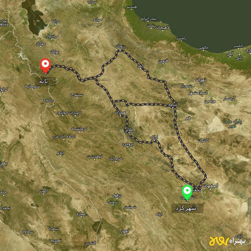 مسافت و فاصله بانه - کردستان تا شهرکرد از 3 مسیر - مسیریاب بهراه