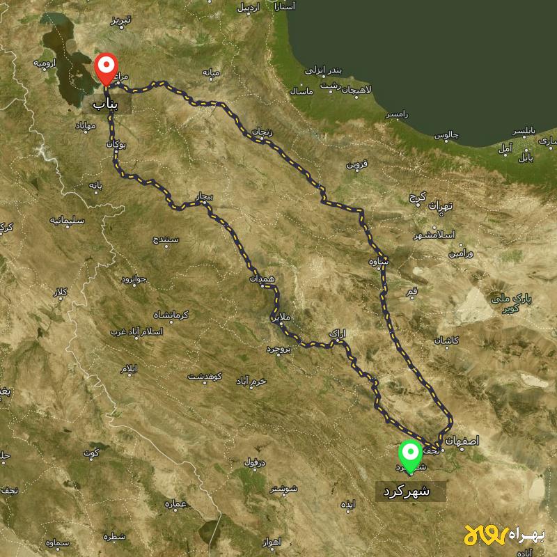 مسافت و فاصله بناب - آذربایجان شرقی تا شهرکرد از ۲ مسیر - آذر ۱۴۰۳