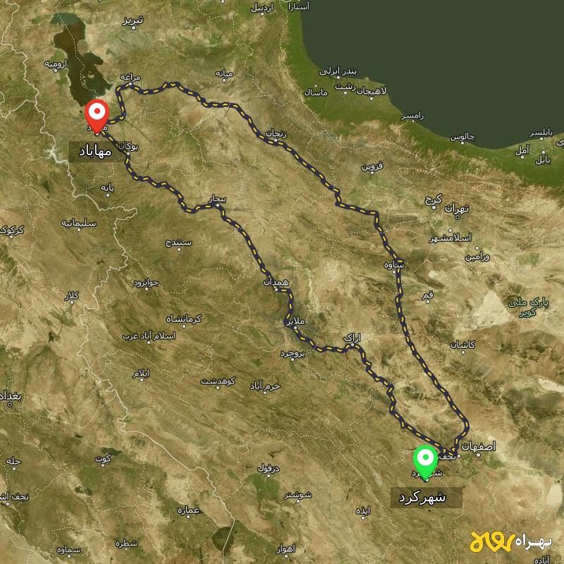 مسافت و فاصله مهاباد - آذربایجان غربی تا شهرکرد از ۲ مسیر - دی ۱۴۰۳