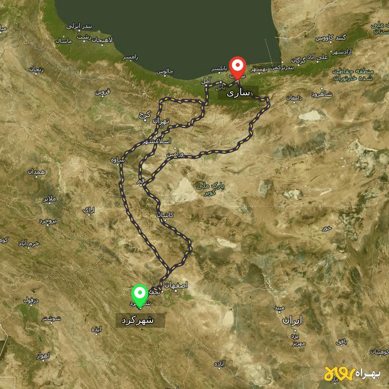 مسافت و فاصله ساری تا شهرکرد از ۳ مسیر - مرداد ۱۴۰۳