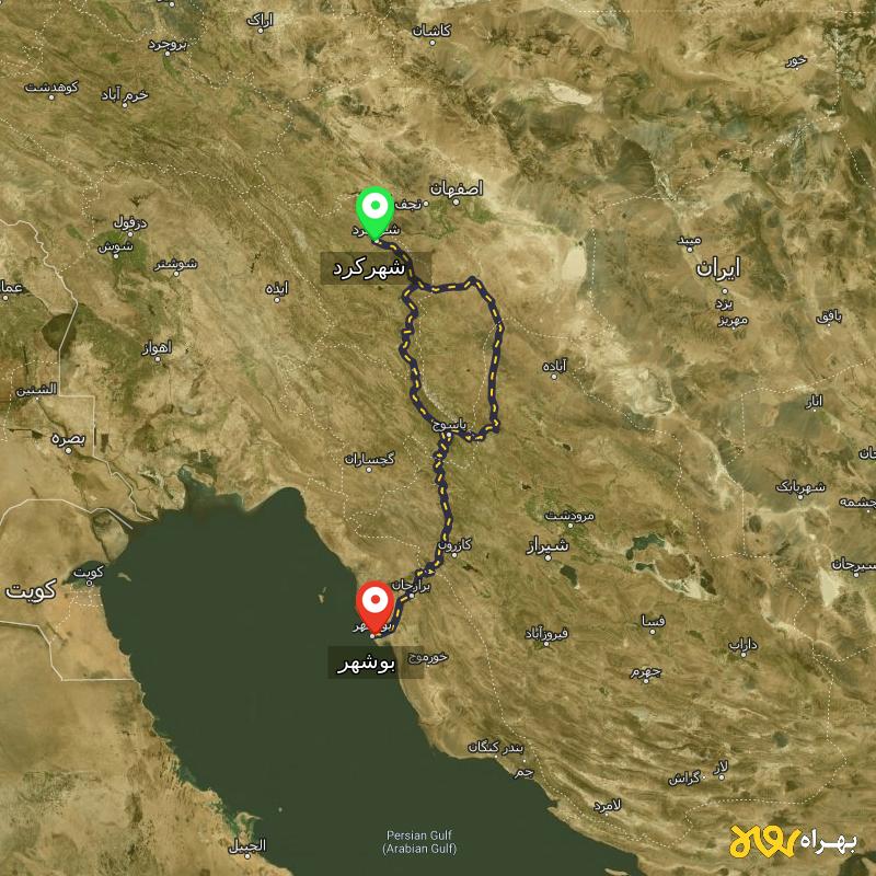 مسافت و فاصله بوشهر تا شهرکرد از ۲ مسیر - مرداد ۱۴۰۳