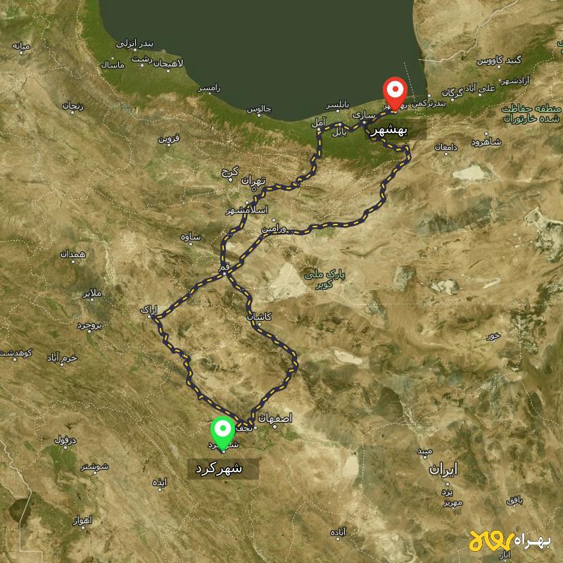 مسافت و فاصله بهشهر - مازندران تا شهرکرد از ۳ مسیر - آذر ۱۴۰۳