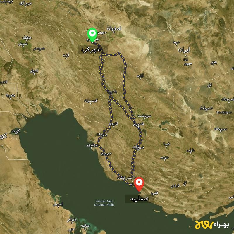 مسافت و فاصله عسلویه - بوشهر تا شهرکرد از 3 مسیر - مسیریاب بهراه