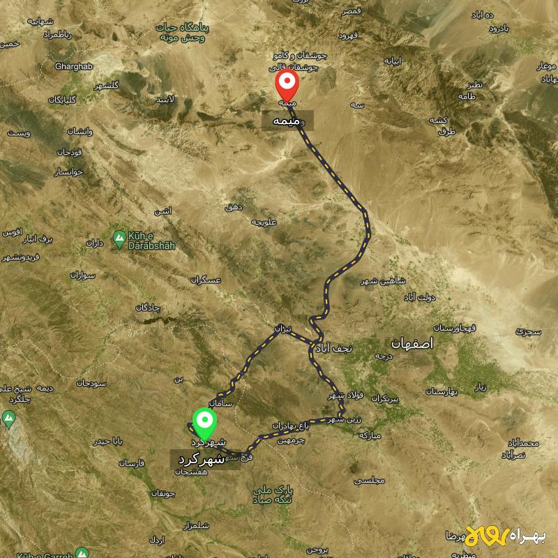 مسافت و فاصله میمه - اصفهان تا شهرکرد از ۲ مسیر - مرداد ۱۴۰۳