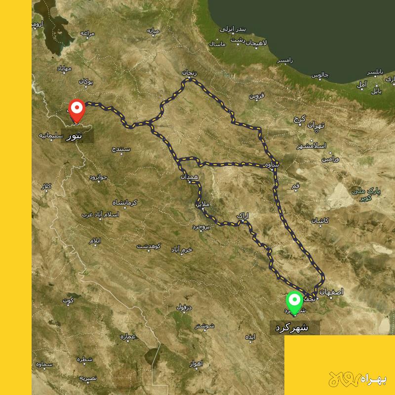 مسافت و فاصله ننور - کردستان تا شهرکرد از ۳ مسیر - مهر ۱۴۰۳