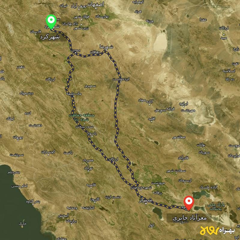 مسافت و فاصله معزآباد جابری - فارس تا شهرکرد از ۲ مسیر - اسفند ۱۴۰۳